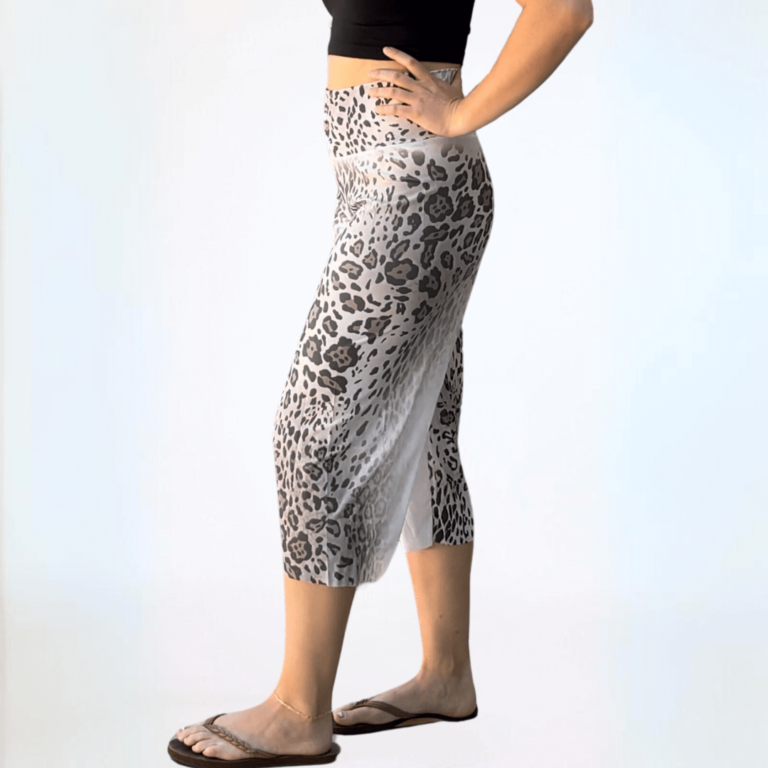 Women's Leopard Print Jersey Capri Pants with Fold Over Waist Made in USA in Off White, Grey & Black