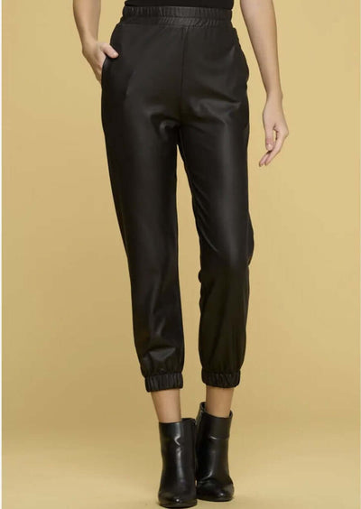 USA Made Black Faux Leather Jogger Style Pants Side Pockets Medium Weight Material Pull on Style with Elastic Waist | Renee C Style# 4122PTA