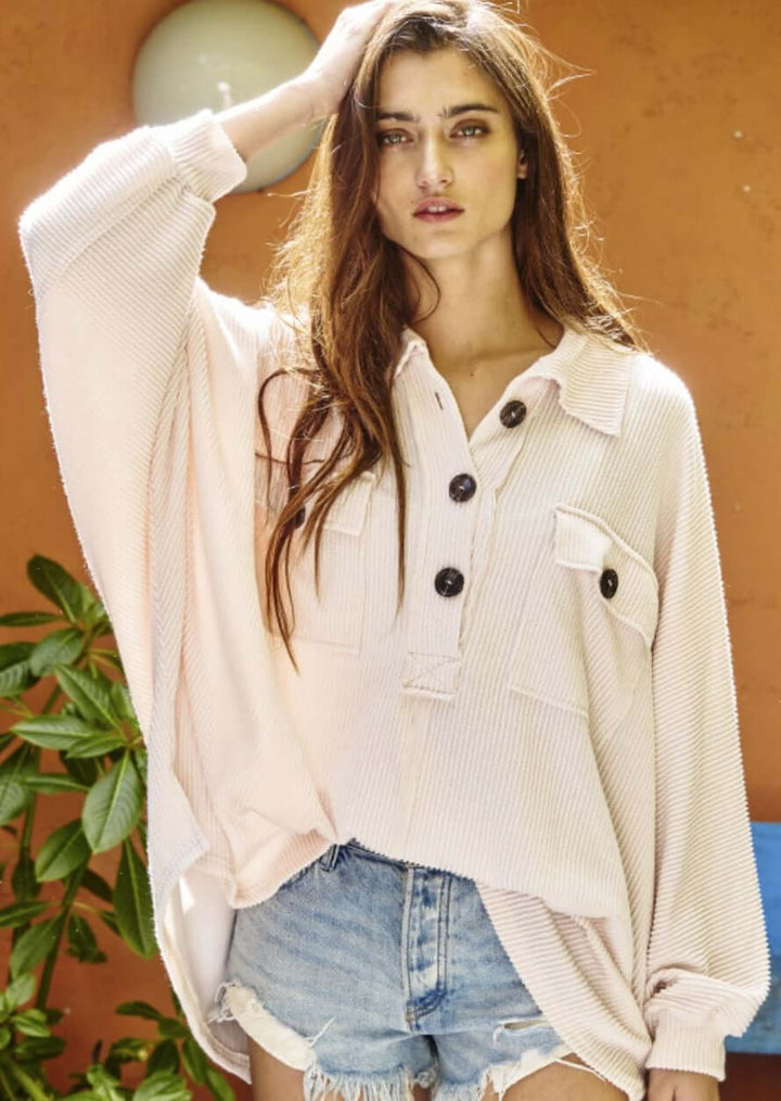 USA Made Ladies Ribbed Oversized Collared Button Down Henley Style Pullover With Large Front Pockets in cream | Bucket List Clothing Style# T1578