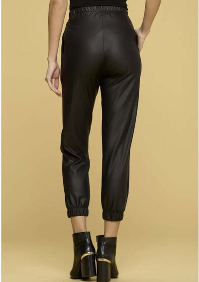 USA Made Black Faux Leather Jogger Style Pants Side Pockets Medium Weight Material Pull on Style with Elastic Waist | Renee C Style# 4122PTA