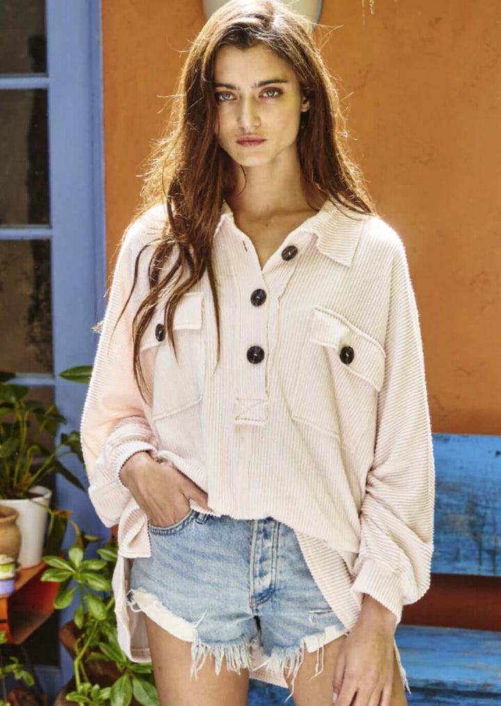 USA Made Ladies Ribbed Oversized Collared Button Down Henley Style Pullover With Large Front Pockets in cream | Bucket List Clothing Style# T1578
