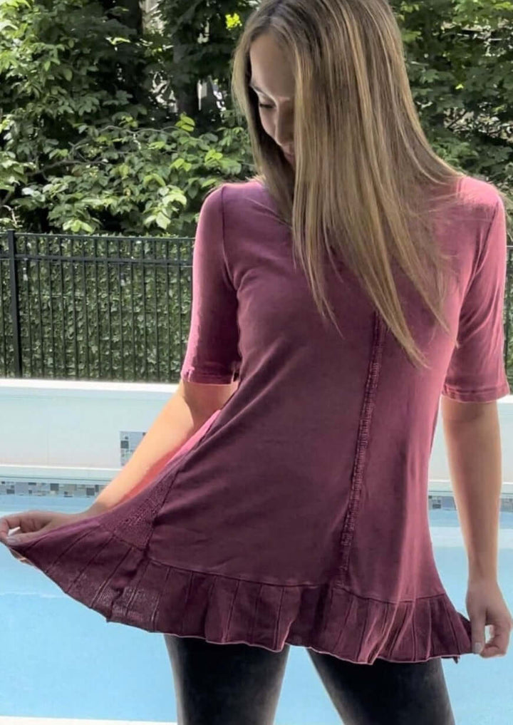 USA Made Feminine Flare Ladies Mineral Washed Tunic with Ruffle Hem & Pointelle Knit Back made of 50% Cotton & 50% Modal | Classy Cozy Cool Women's Made in America Clothing Boutique