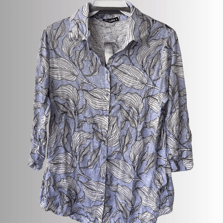 David Cline Blue Floral Rhinestone Embellished Snap Down Crushed Texture Collared Shirt | Made in USA | Women's Made in America Boutique