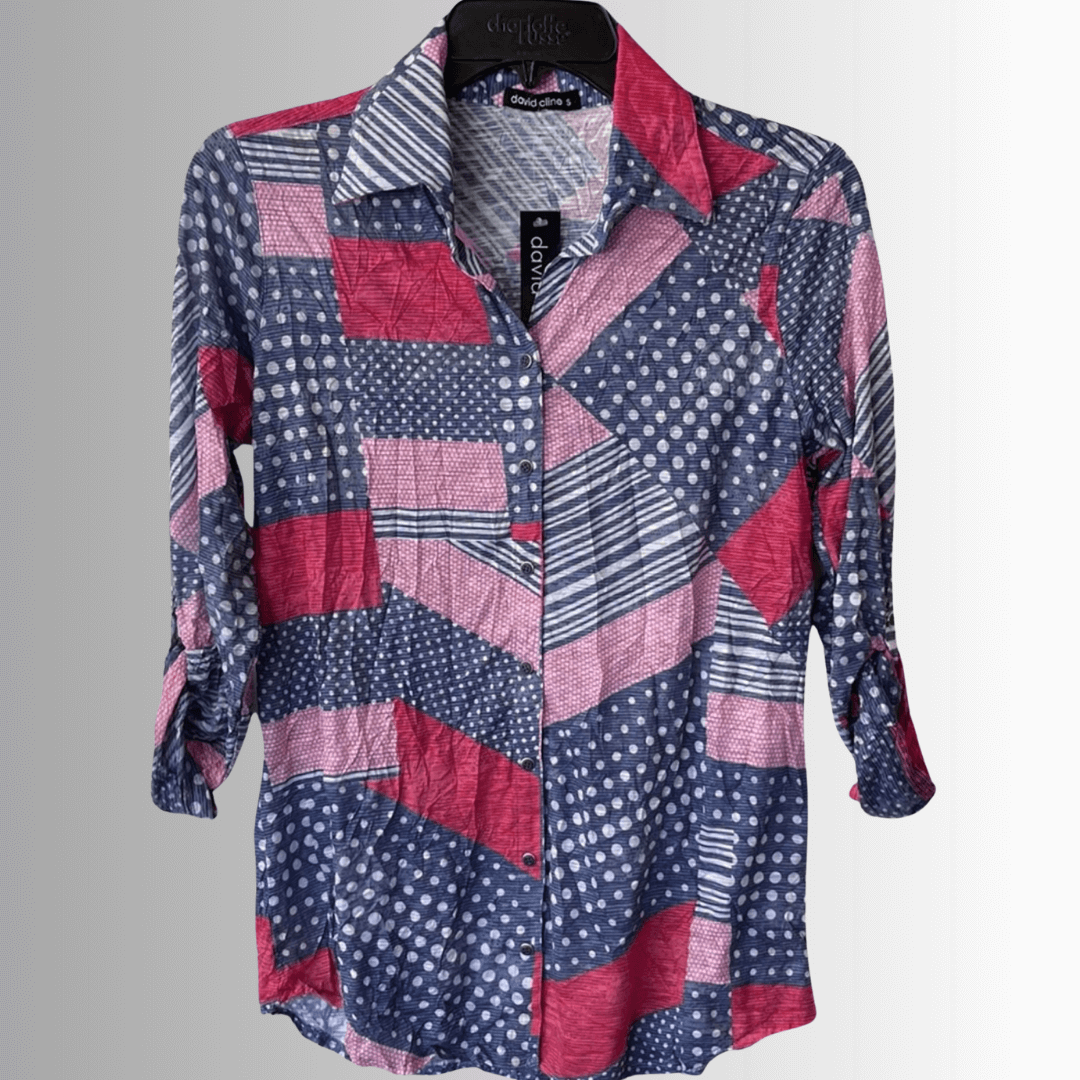 David Cline Patriotic Red, White & Blue Snap Down Crushed Texture Collared Shirt | Made in USA | Classy Cozy Cool Women's Made in America Boutique