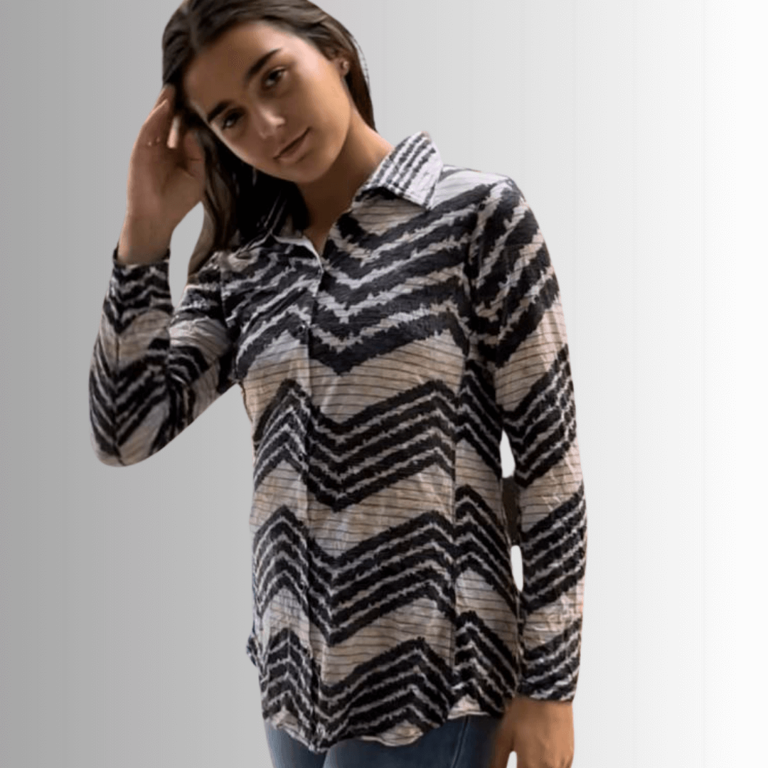 David Cline Zig Zag Unique Pattern Snap Down Crushed Texture Collared Shirt | Made in USA | Women's Made in America Boutique