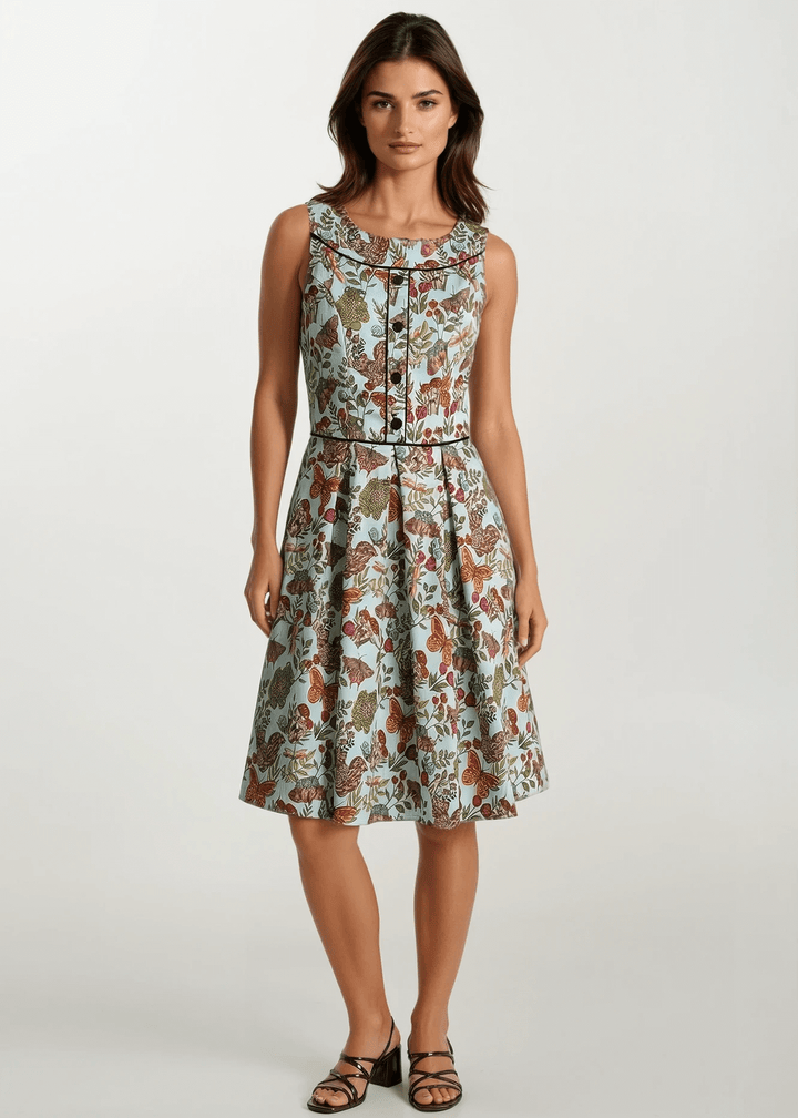 Vintage Style Dress Looking for a classic vintage style dress? Our Elizabeth cut with all its details is everything you could want and more! Shown in our Woodland Whimsy print, this cotton dress features piping details throughout the bodice