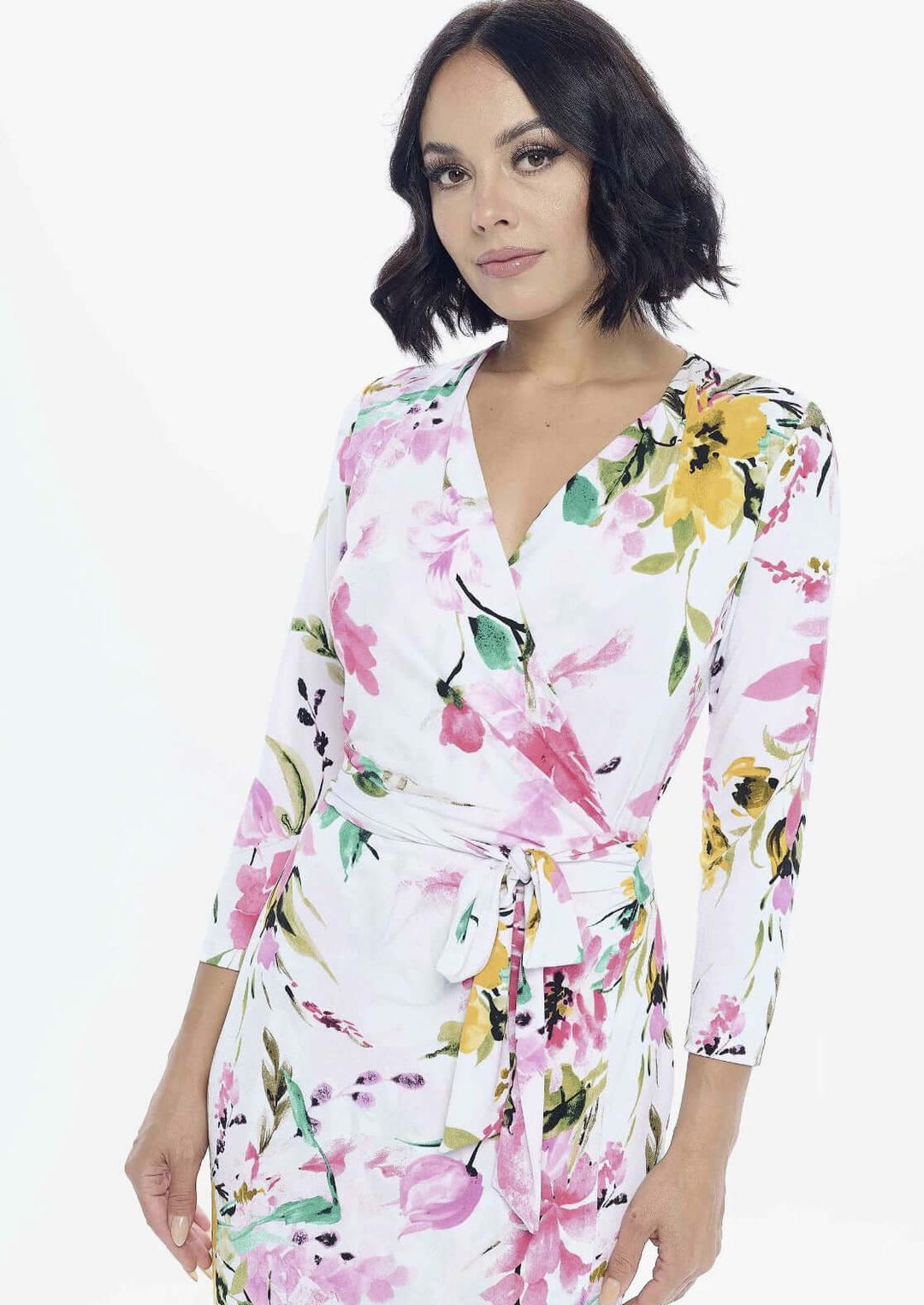 Beautiful Ladies White & Pink Floral Print Jersey Midi Wrap Dress with 3/4 Sleeves | Renee C. Style #4329DR2 | Proudly Made in USA | Classy Cozy Cool Clothing Boutique