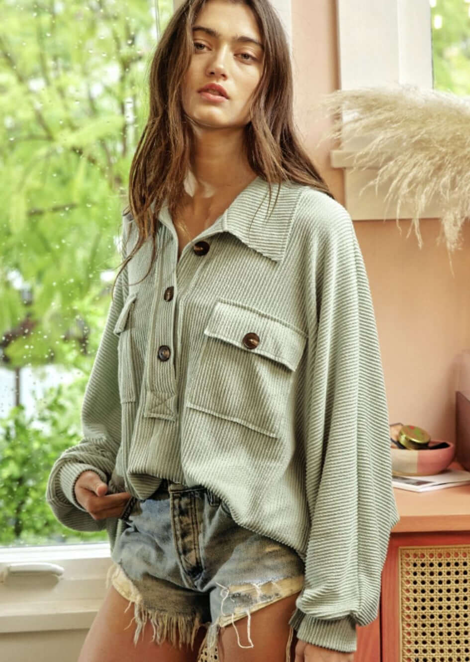 USA Made Ladies Ribbed Oversized Collared Button Down Henley Style Pullover With Large Front Pockets in Sage Green | Bucket List Clothing Style# T1578