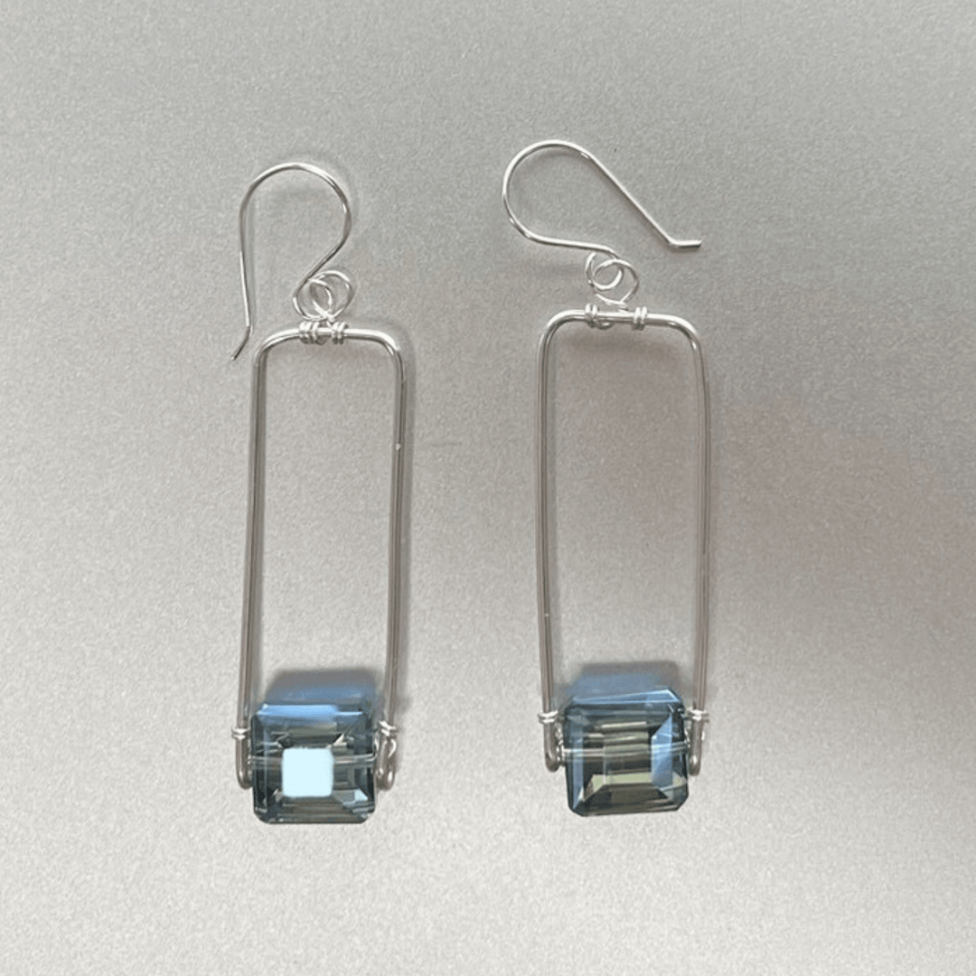 Hand Made in USA Women's Artisan Crafted Forged Rectangle Pendant Earrings with Blue Crystal  | Classy Cozy Cool Women's Made in America Boutique