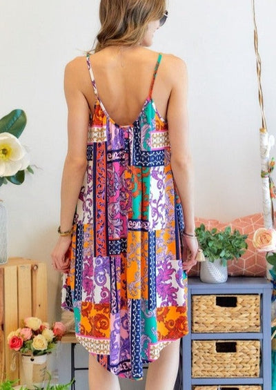 Made in USA | Adora Ladies Colorful Mixed Media Print with Spaghetti Straps Super Soft Summer Sun Dress for Beach, Vacation, Summer Parties  Classy Cozy Cool Women's Made in America Boutique