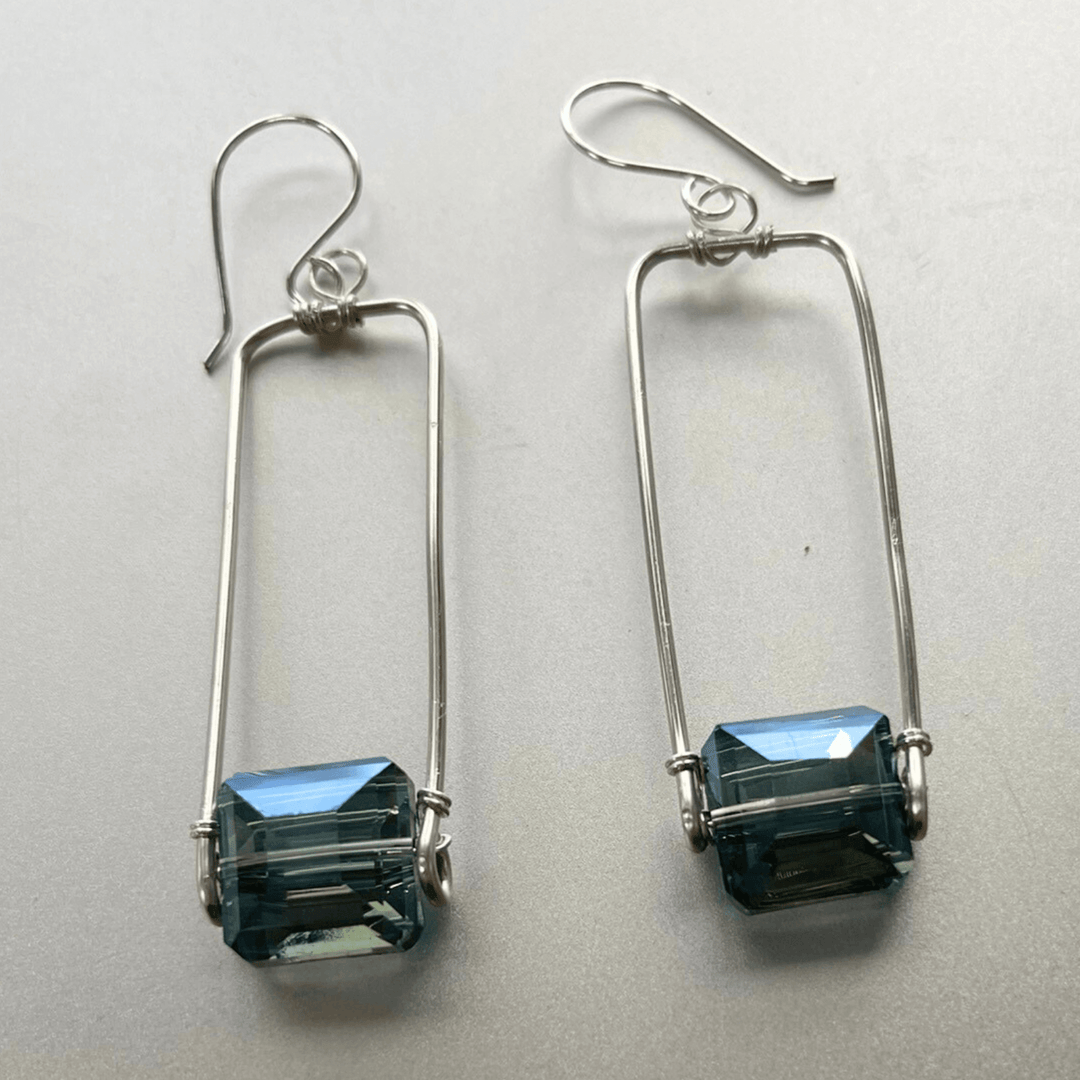 Hand Made in USA Women's Artisan Crafted Forged Rectangle Pendant Earrings with Blue Crystal  | Classy Cozy Cool Women's Made in America Boutique