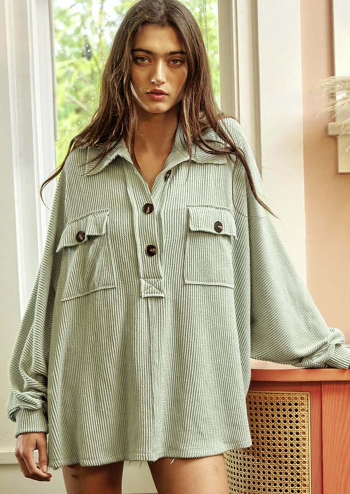 USA Made Ladies Ribbed Oversized Collared Button Down Henley Style Pullover With Large Front Pockets in Sage Green | Bucket List Clothing Style# T1578