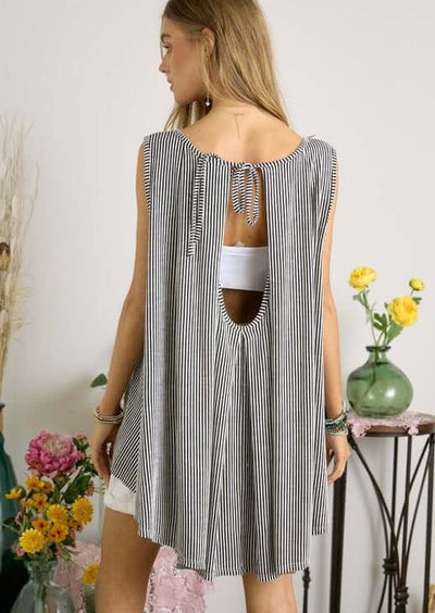 USA Made Ladies Adjustable Tie Keyhole Back Design Round Neck Oversized Fit Flowy Pin Striped Soft & Stretchy Sleeveless Tunic Top