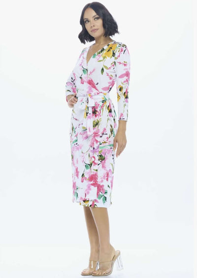 Beautiful Ladies White & Pink Floral Print Jersey Midi Wrap Dress with 3/4 Sleeves | Renee C. Style #4329DR2 | Proudly Made in USA | Classy Cozy Cool Clothing Boutique