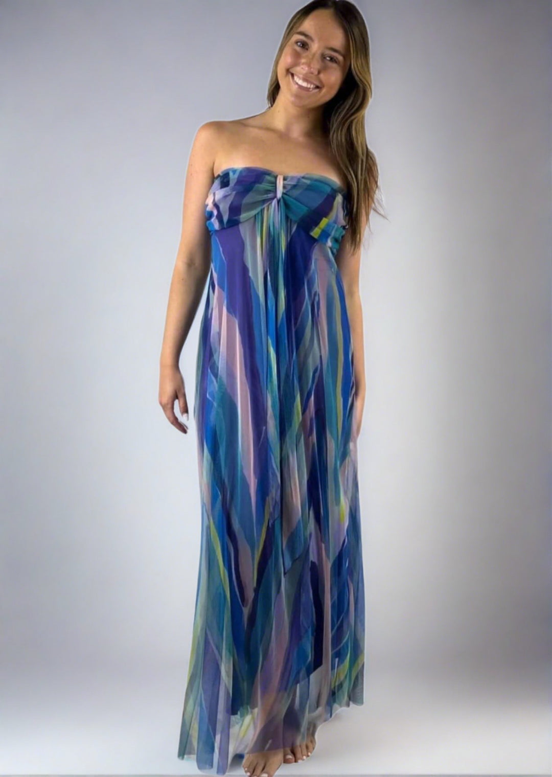 Made in USA Elana Kattan AQURELLE 817 Gorgeous Strapless Mesh Empire Waist Dress with print in watercolor shades | Perfect for Weddings, Evening Events, Prom, Formals, Resort Evening 