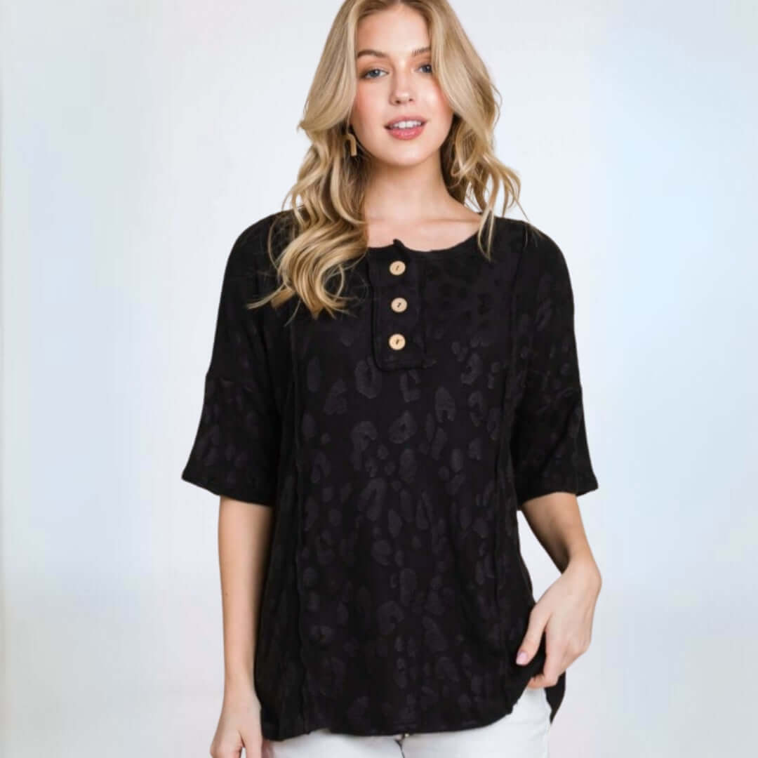 Made in USA Women's Very Soft Textured Animal Print Embossed Casual Short Sleeve Top with Button Detail in Black | Classy Cozy Cool Made in America Boutique