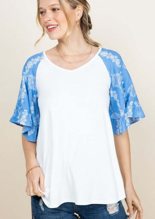 Made in USA | Ladies Ruffle Flutter Sleeves V-Neck Shirt in White & Blue with Pattern Design Sleeves | Classy Cozy Cool Women's Made in America Boutique