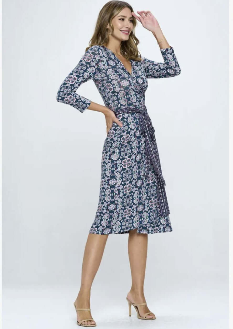 Beautiful Ladies Navy, Hunter Green & Magenta Floral Print Jersey Midi Wrap Dress with 3/4 Sleeves | Renee C. Style #4329DRR | Proudly Made in USA | Classy Cozy Cool Clothing Boutique