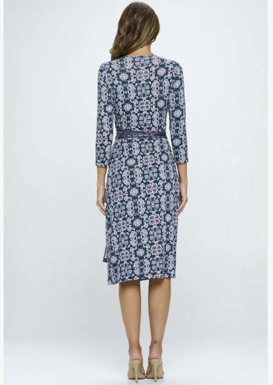 Beautiful Ladies Navy, Hunter Green & Magenta Floral Print Jersey Midi Wrap Dress with 3/4 Sleeves | Renee C. Style #4329DRR | Proudly Made in USA | Classy Cozy Cool Clothing Boutique