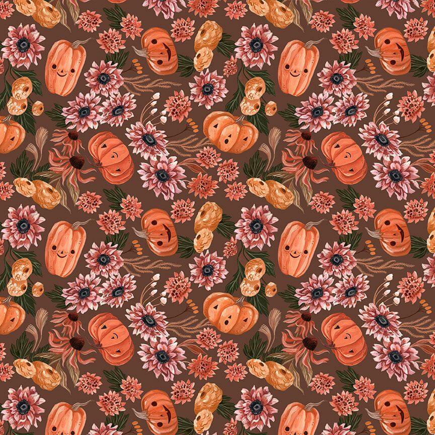 Made in USA by Retrolicious, 100% cotton Greta dress with a V-neck, gathered waist, pockets, and a playful pumpkin-floral print. Sizes XS–4X.