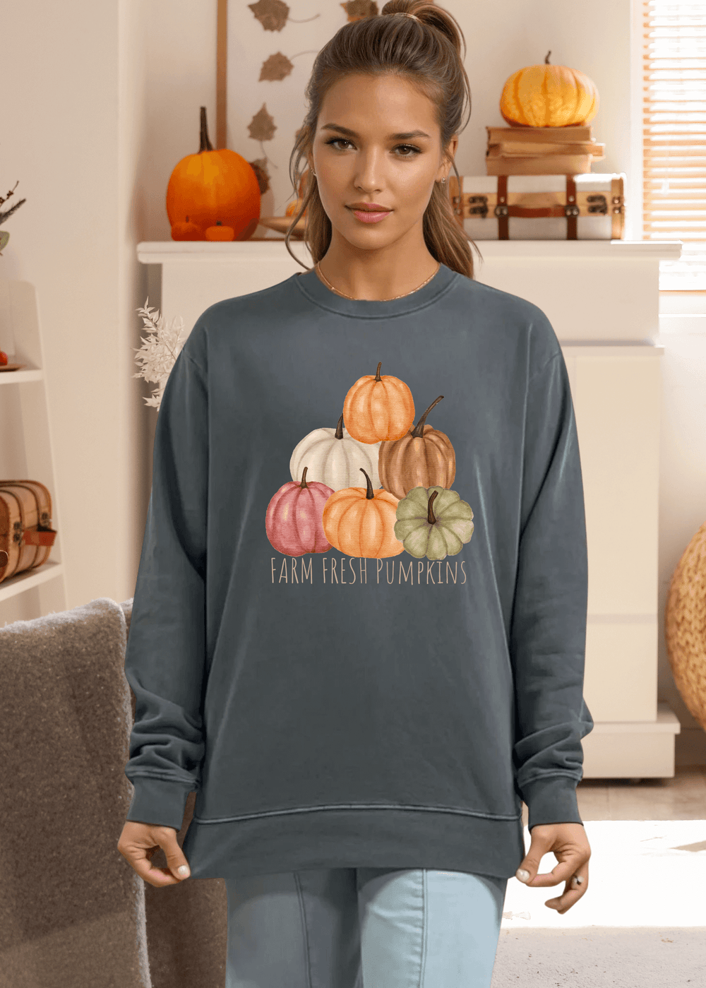 Embrace cozy fall vibes with the Farm Fresh Pumpkin Graphic Sweatshirt in a rich Evergreen shade. Crafted in USA from heavyweight, 100% preshrunk cotton