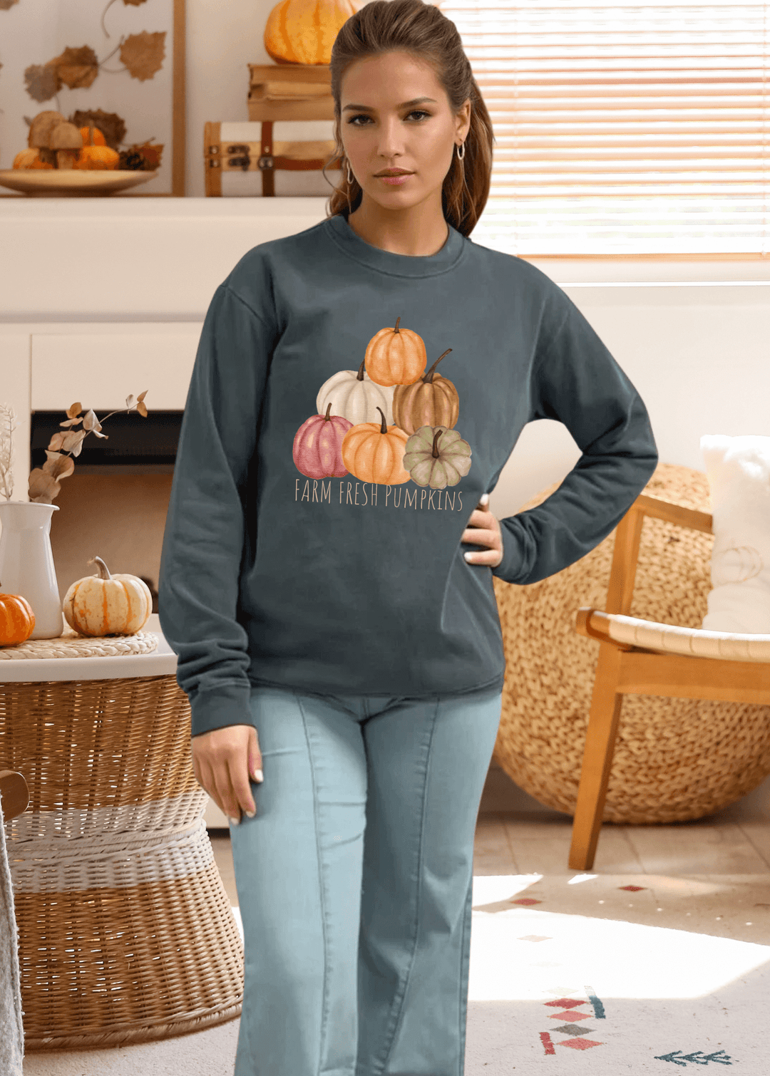 Embrace cozy fall vibes with the Farm Fresh Pumpkin Graphic Sweatshirt in a rich Evergreen shade. Crafted in USA from heavyweight, 100% preshrunk cotton