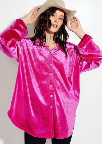 USA Made Women's Shiny Soft Oversized Velvet Button Down Shirt Jacket in Fuchsia | Classy Cozy Cool Women's Made in America Boutique