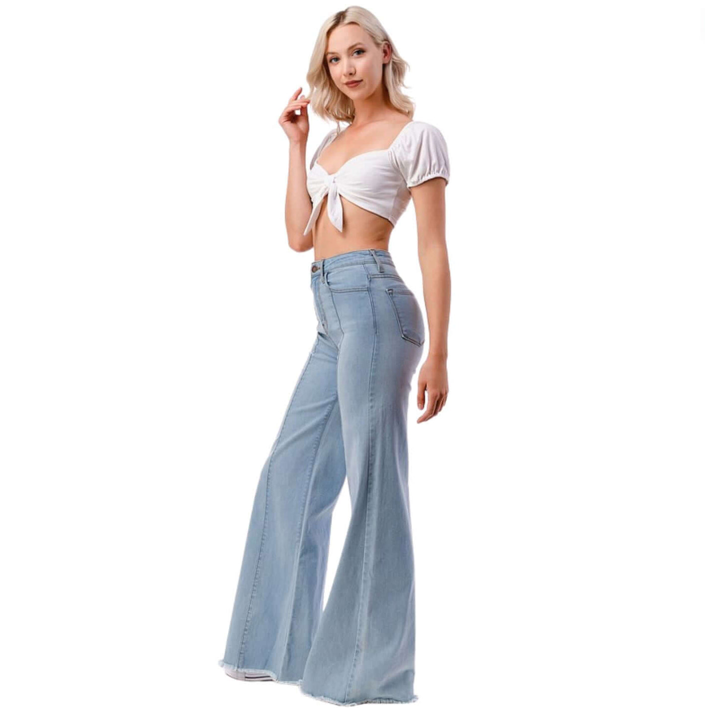 O2 Denim 505 High Waist Flare Jeans in Light Denim | Style PW505 | Women's fashion clothing made in the USA | Classy Cozy Cool American Boutique
