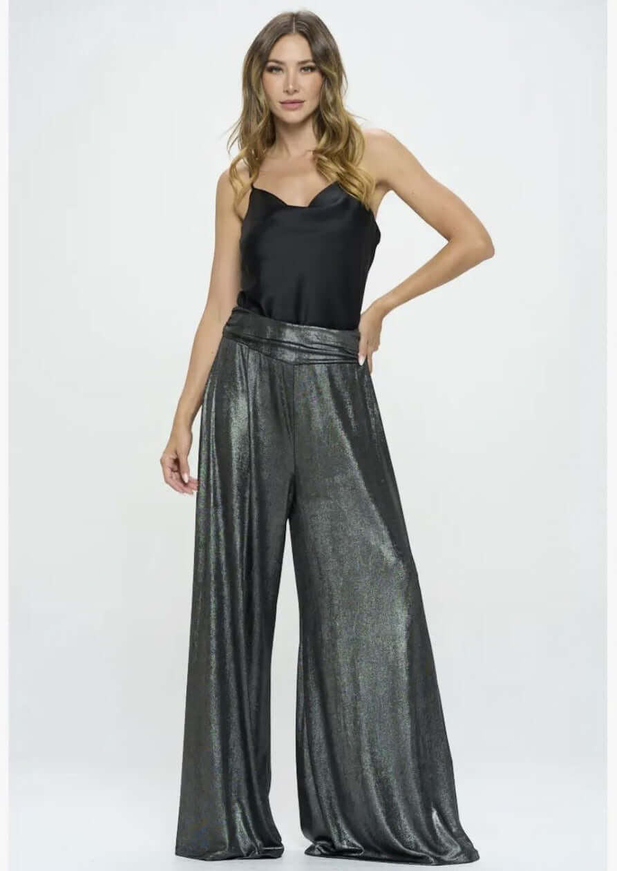 Women's Metallic Palazzo Pants with Fold Over Waist with Side Pockets Draped Fit in Gunmetal | Renee C. Style# 4568PT | Classy Cozy Cool Women's Made in America Clothing Boutique