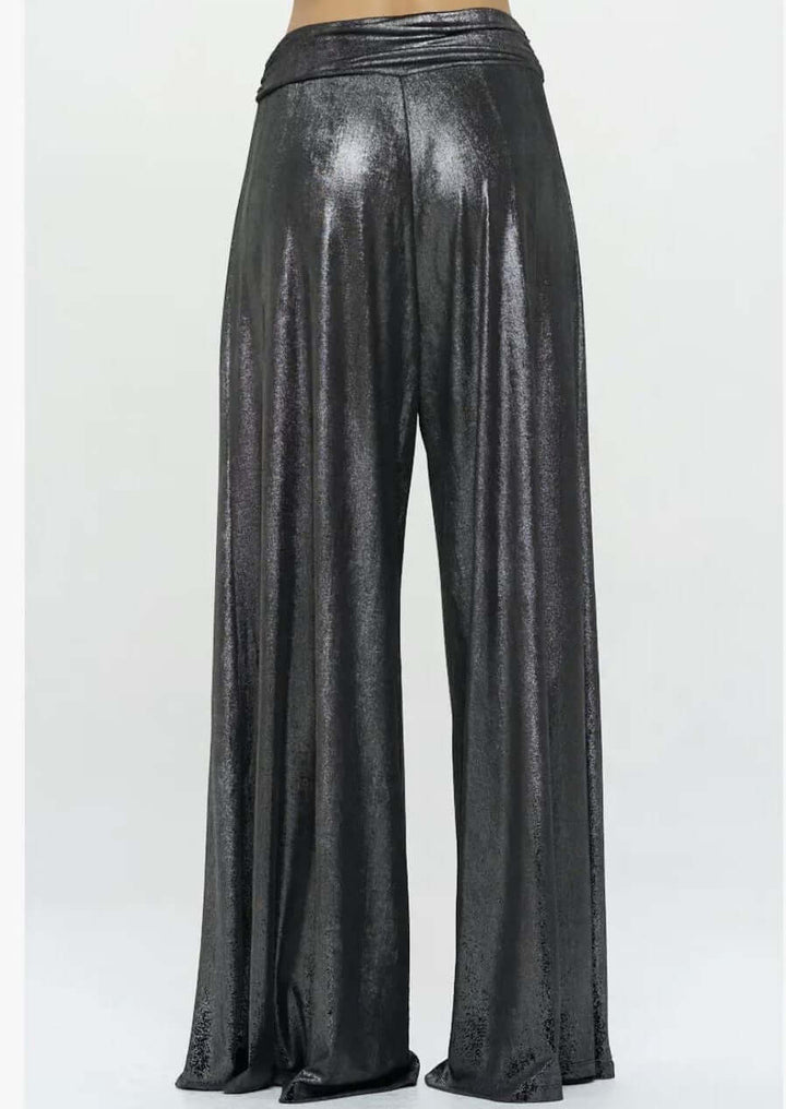 Women's Metallic Palazzo Pants with Fold Over Waist with Side Pockets Draped Fit in Gunmetal | Renee C. Style# 4568PT | Classy Cozy Cool Women's Made in America Clothing Boutique