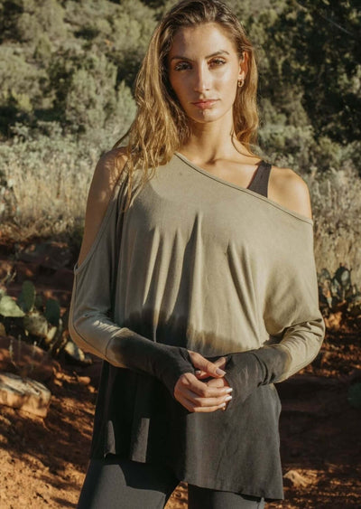 Jala Women's Duo Pullover with Cold Shoulder on one side and Off the Shoulder on the Other in Midnight River |Style#DUO28-MR| Made in USA | Classy Cozy Cool Women's Made in America Clothing Boutique