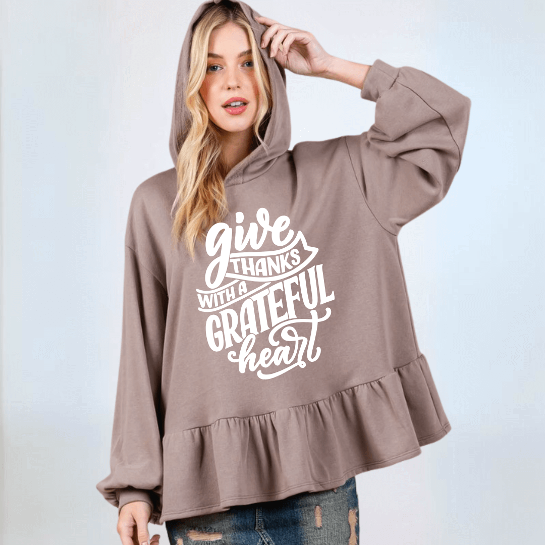 Made in USA Women's Give Thanks Large Graphic Baby Doll Oversized Hoodie with Flounce Ruffle Hem and Long Balloon Sleeves, Banded Cuffs, Oversized Fit in Mocha