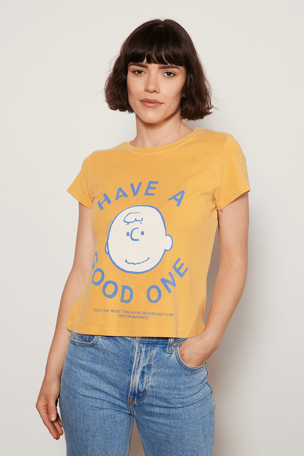 Add a little childhood nostalgia to your wardrobe. Our Peanuts "Have a Good One" Baby Tee is made in USA from 100% organic micro-rib cotton, making it ultra soft and body flattering. 