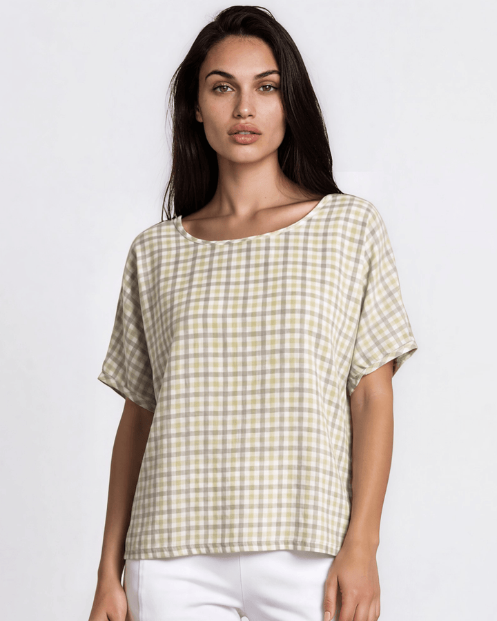 Sage green woven checkered plaid short sleeve top with a wide scoop neckline, rolled cuffs, and a relaxed boxy fit in lightweight 100% rayon. Made in USA.