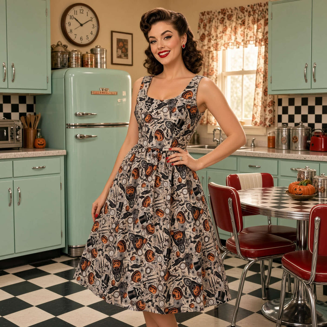 Skulls &amp; Pumpkins Fit &amp; Flare Dress