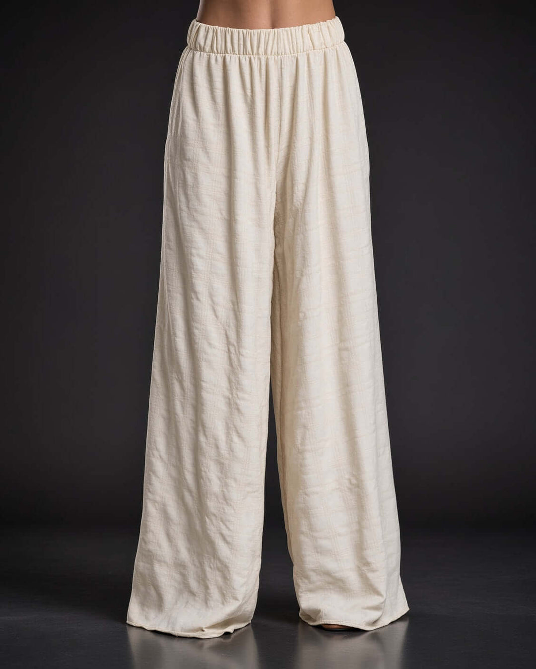 Made in USA Women's Textured Cream Wide Leg Palazzo Pants with Elastic Waist | Renee C Style 4789PT | Classy Cozy Cool Made in America Boutique