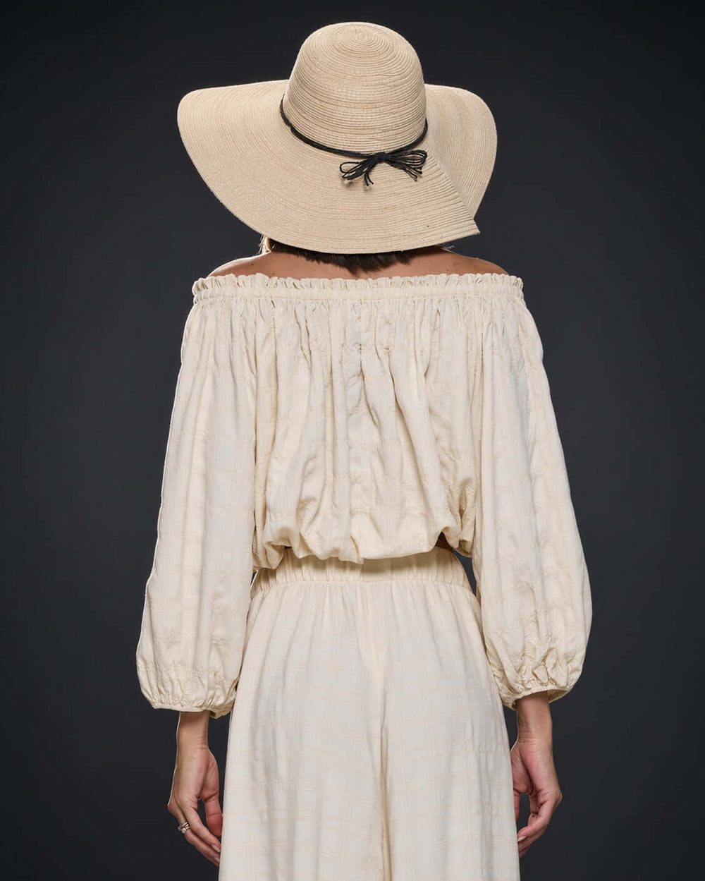 Made in USA Women's Textured Cream Bubble Sleeve Top and Wide Leg Palazzo Pants with Elastic Waist | Renee C Style 4788TP and 4789PT | Classy Cozy Cool Made in America Boutique