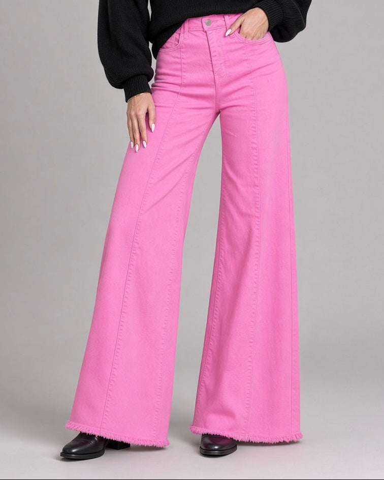O2 Denim 505 High Waist Flare Jeans in Fuchsia Pink | Style PW505 | Women's fashion clothing made in the USA | Classy Cozy Cool American Boutique