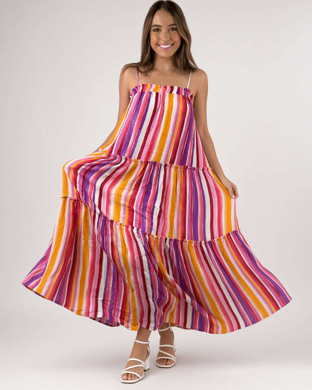 Made in USA Women's Striped Maxi Tiered Sun Dress with Adjustable Straps and Ruffle Detail in this Dress: Lavender, Coral, Pink, Orange, White | Classy Cozy Cool Made in America Boutique