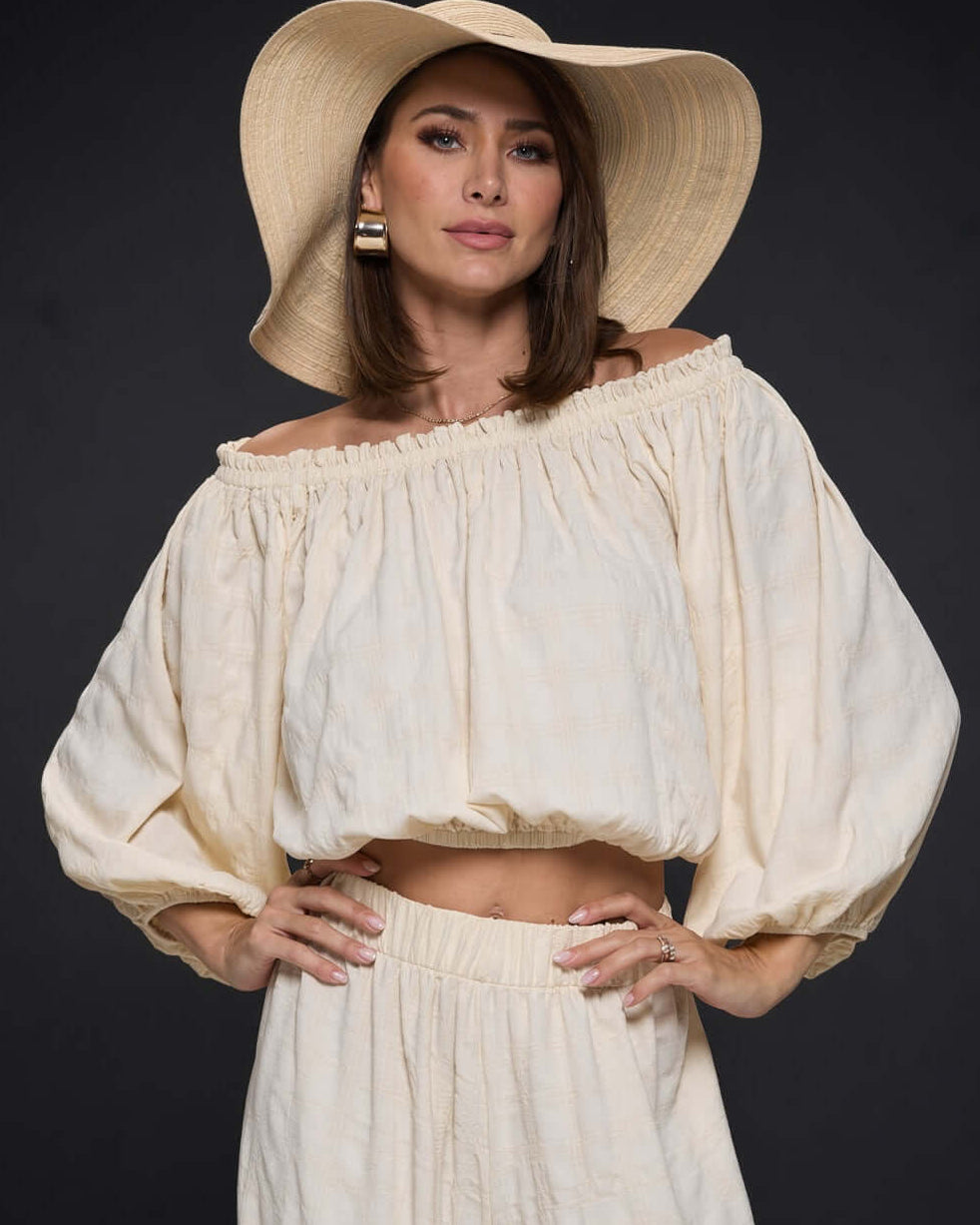 Made in USA Women's Textured Cream Bubble Sleeve Top and Wide Leg Palazzo Pants with Elastic Waist | Renee C Style 4788TP and 4789PT | Classy Cozy Cool Made in America Boutique