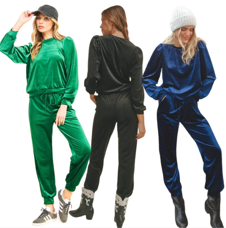 USA Made Women's Glam Velour Relaxed Fit Track Suit with Puff Sleeves Available in Royal Blue, Black, Taupe, and Fuchsia | Classy Cozy Cool Women's Made in USA Boutique