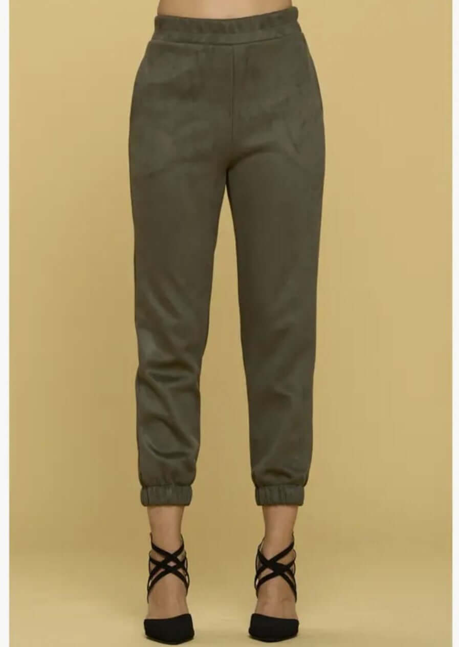 USA Made Olive Suede Jogger Style Pants Side Pockets Heavy Weight Suede Material Pull on Style with Elastic Waist | Renee C Style# 4122PTB