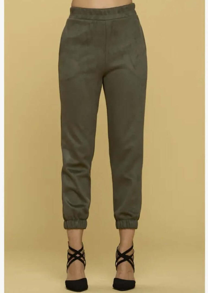 USA Made Olive Suede Jogger Style Pants Side Pockets Heavy Weight Suede Material Pull on Style with Elastic Waist | Renee C Style# 4122PTB