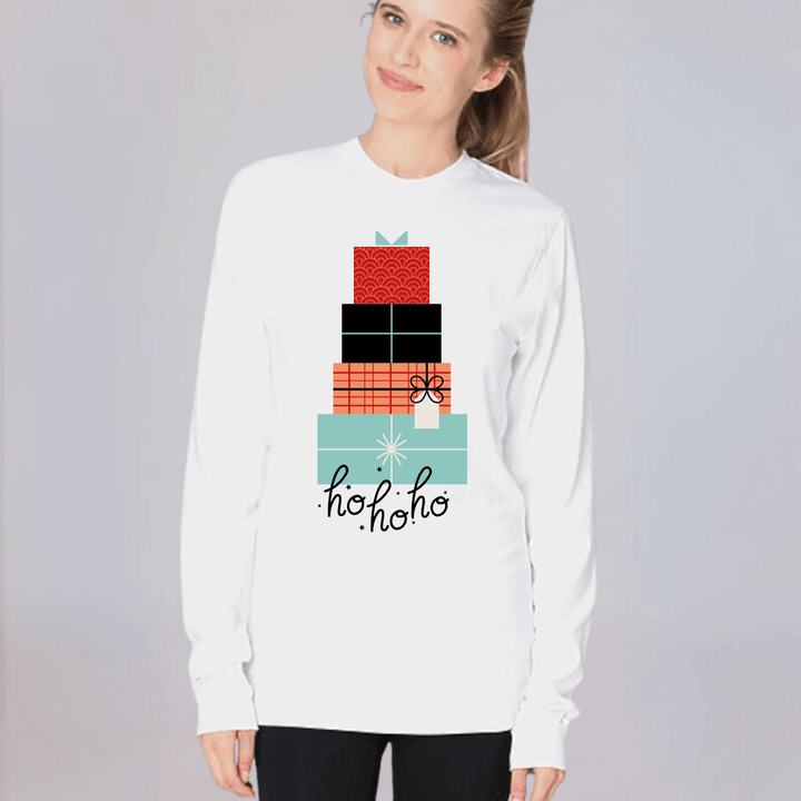 Made in USA Women's Ho Ho Ho Christmas Presents Graphic with Merry Christmas on Long Sleeve White Tee, 100% Cotton | Classy Cozy Cool Made in America Boutique