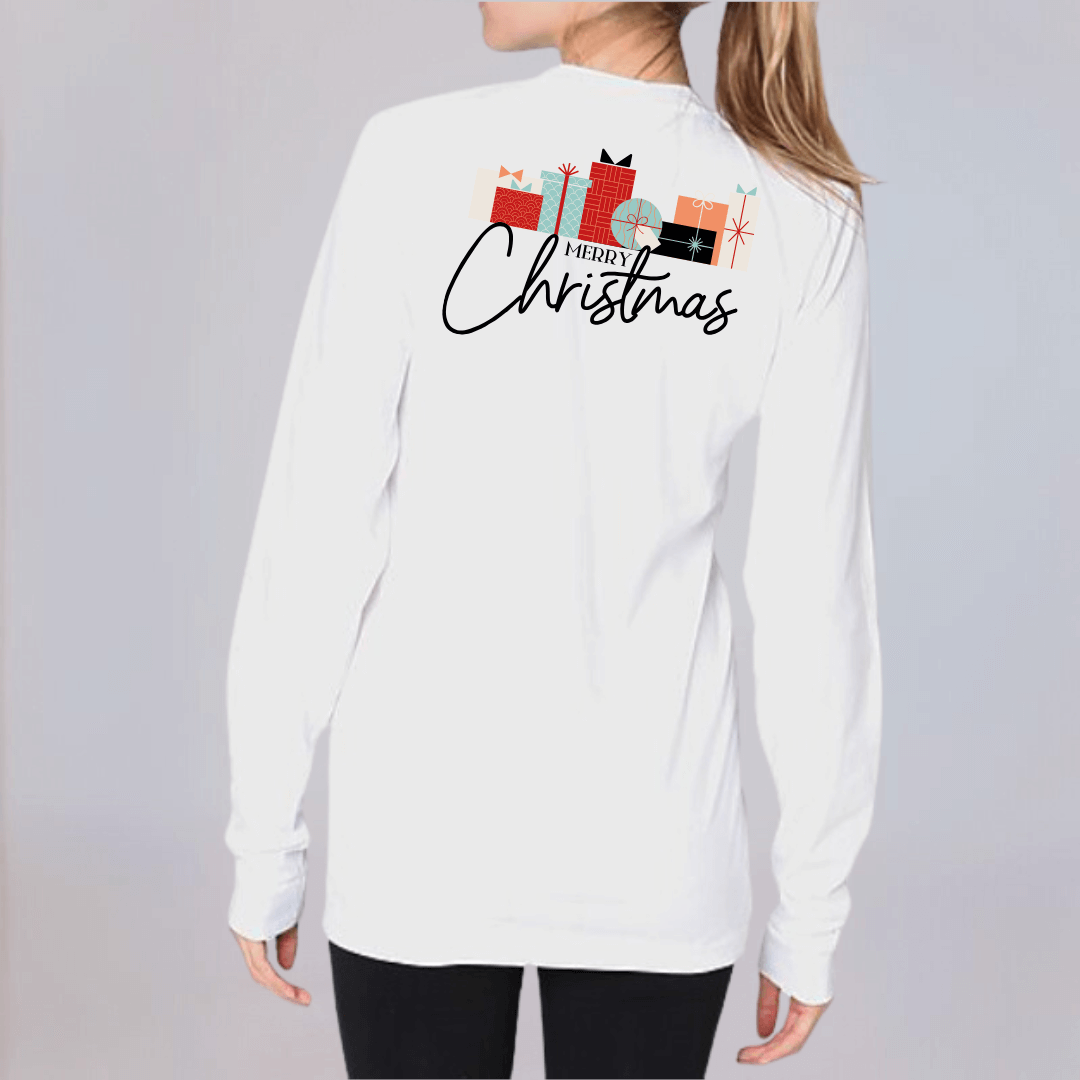 Made in USA Women's Ho Ho Ho Christmas Presents Graphic with Merry Christmas on Long Sleeve White Tee, 100% Cotton | Classy Cozy Cool Made in America Boutique