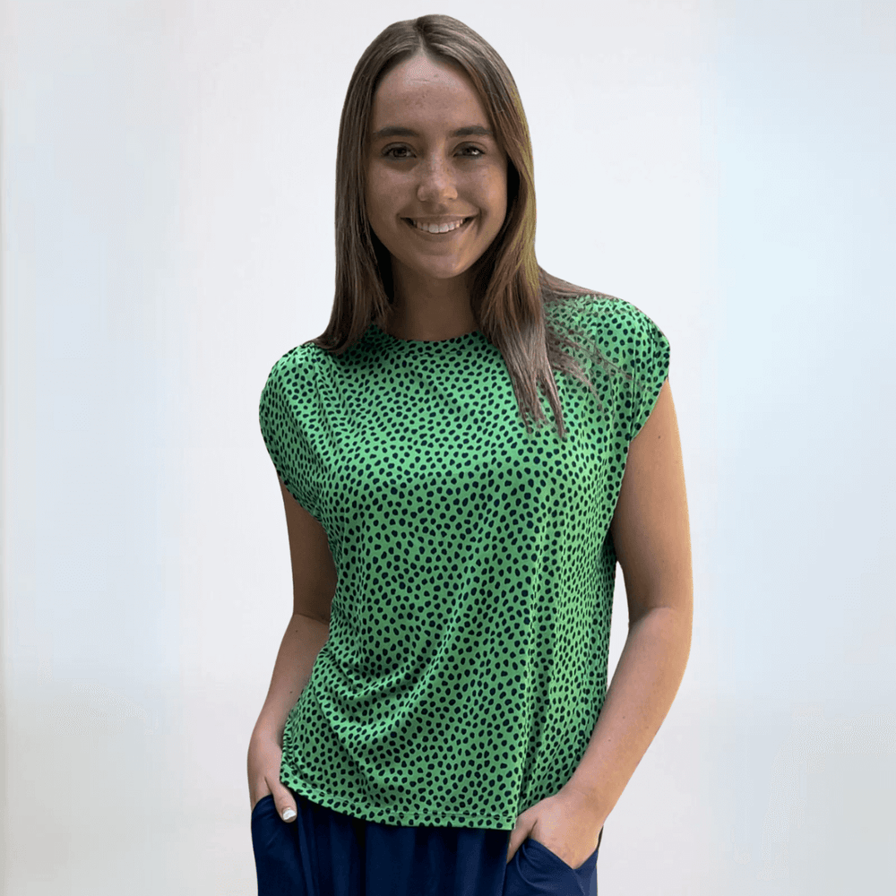 Made in USA Women's Jersey Material Oversized Loose Fit Round Neck Short Sleeve Printed Top in Green & Navy | Classy Cozy Cool Made in America Boutique