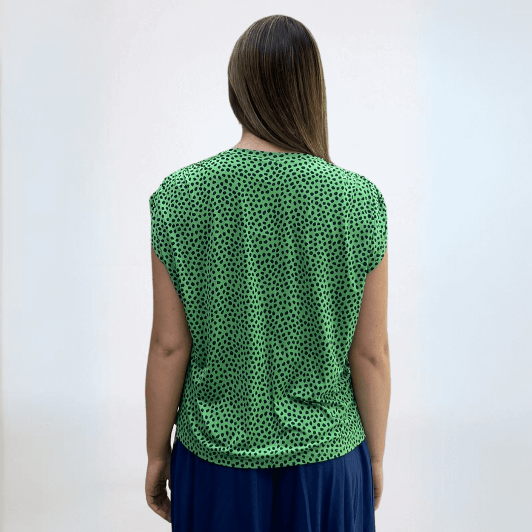 Made in USA Women's Jersey Material Oversized Loose Fit Round Neck Short Sleeve Printed Top in Green & Navy | Classy Cozy Cool Made in America Boutique