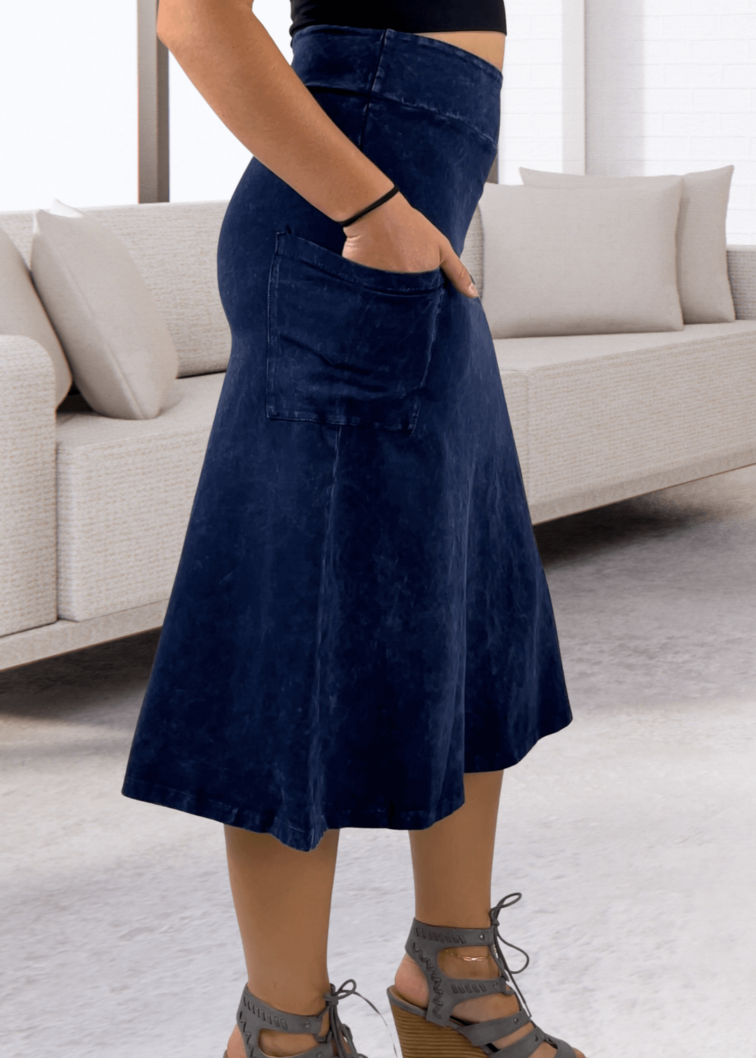 Made in USA Women's All Season Versatile Mineral Washed Cotton Stretch Midi Skirt, Side Patch Pockets, High Waist, Comfortable & Soft 4 Way stretch in Dark Denim | Classy Cozy Cool Made in America Boutique