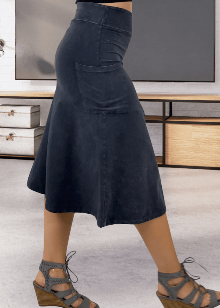 Made in USA Women's All Season Versatile Mineral Washed Cotton Stretch Midi Skirt, Side Patch Pockets, High Waist, Comfortable & Soft 4 Way stretch in Dark Gray Blue Denim | Classy Cozy Cool Made in America Boutique