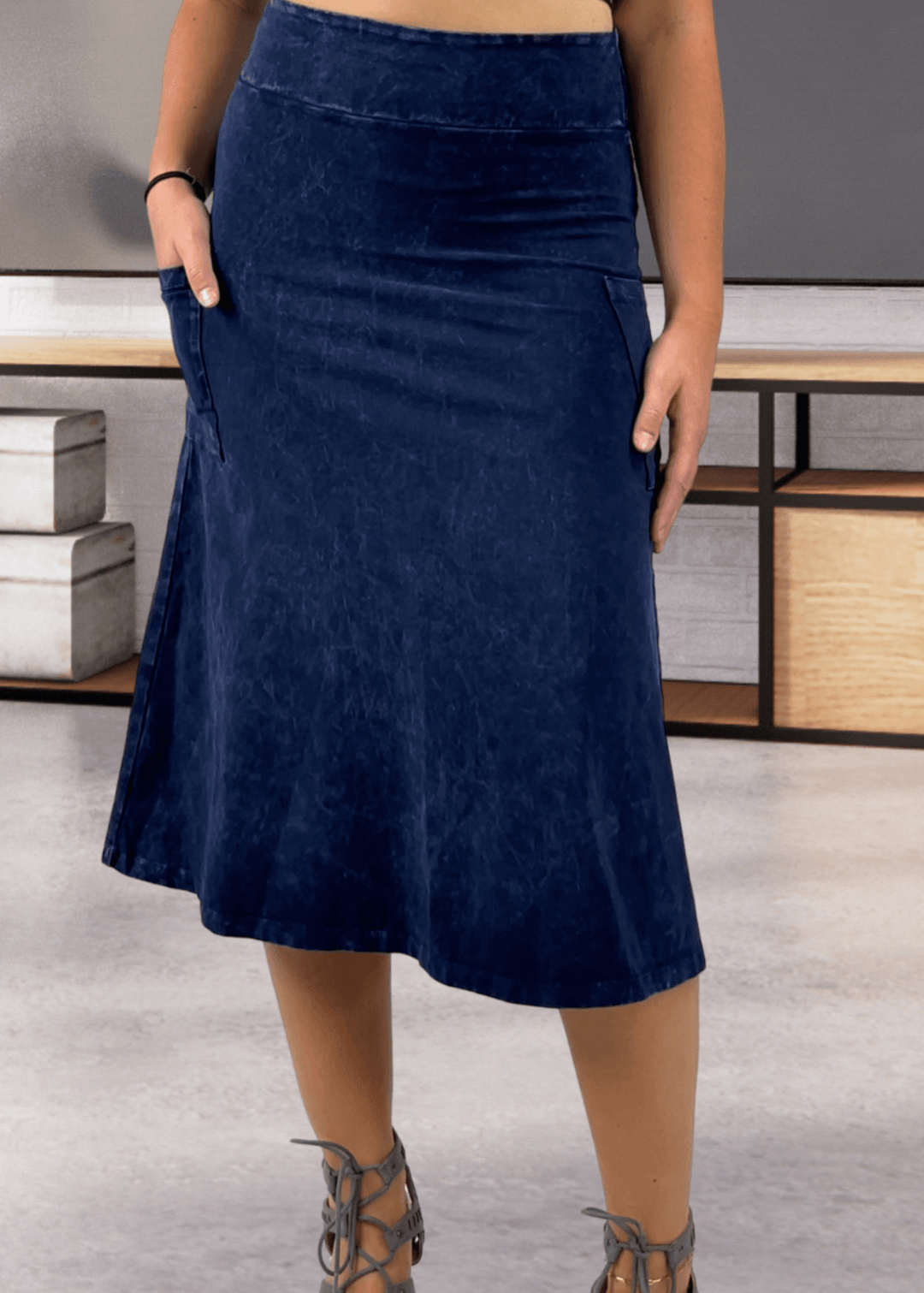 Made in USA Women's All Season Versatile Mineral Washed Cotton Stretch Midi Skirt, Side Patch Pockets, High Waist, Comfortable & Soft 4 Way stretch in Dark Denim | Classy Cozy Cool Made in America Boutique